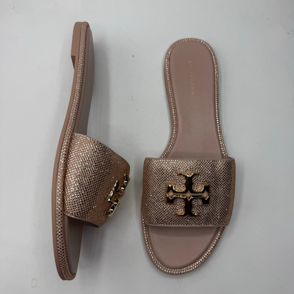 NEW NWT Tory Burch Womens Everly Slide Royal Suede Posy Pink Crystal Gold Size 9